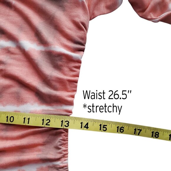 Soft Stretchy T-shirt Dress Ruched Side Midi BodyCon Peach Tie Dye Long Sleeve S - Picture 12 of 16